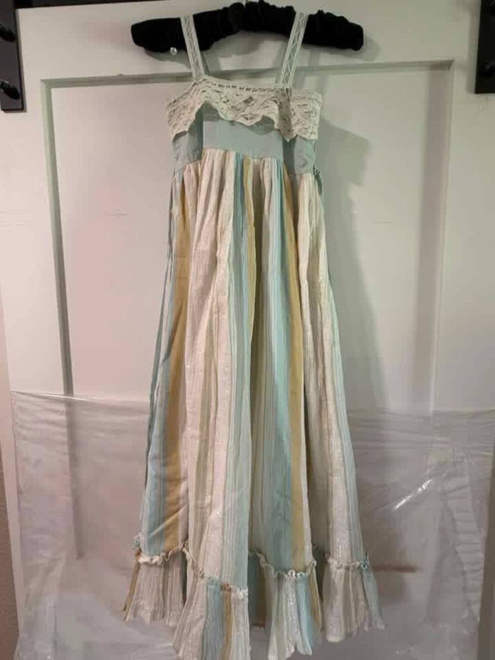 Well Dressed Wolf Striped Lace-Trim Maxi Dress in Pale Blue, Cream & Tan